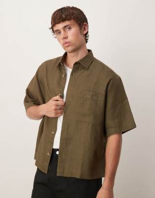 Camisa caqui de corte cuadrado extragrande de 100% lino de ASOS DESIGN - view 1