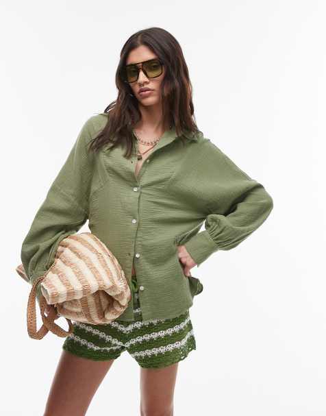 Camisa caqui de estilo casual con sisas caídas y solapas en ángulo de algodón de Topshop - view 1