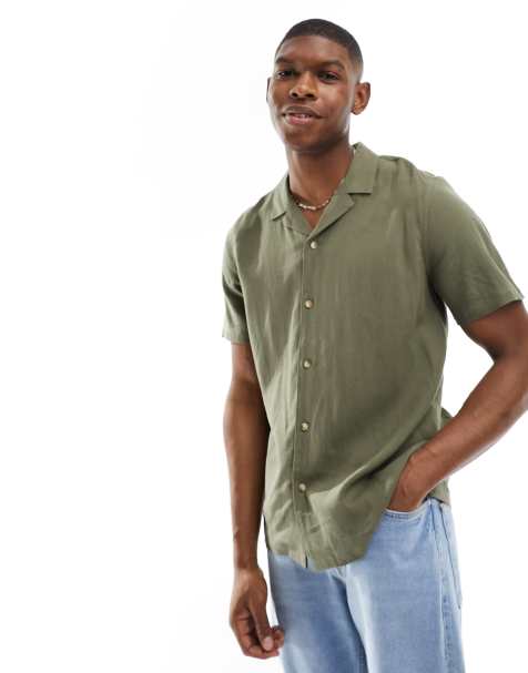 Camisa caqui oscuro de manga corta de tejido efecto lino de New Look - view 1