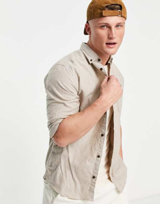 Camisa color avena de corte slim de sarga de Jack & Jones