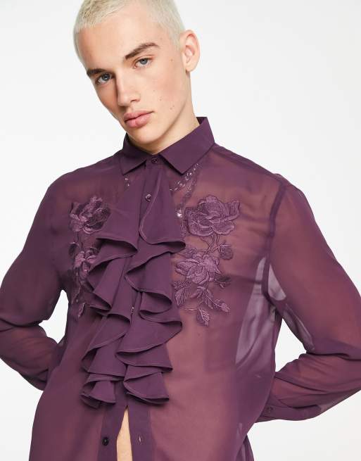Camisa color berenjena con flores bordadas y volantes delanteros de tejido transparente de ASOS DESIGN