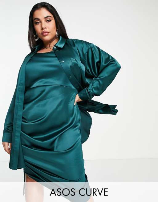 Camisa color cerceta extragrande de satén de ASOS DESIGN Curve (parte de un conjunto)