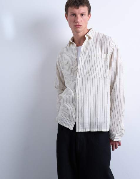 Camisa color crema a rayas holgada de manga larga de bambula de Topman - view 1