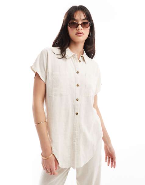 Camisa color crema con lazada delantera de lino Mix & Match de PIECES - view 1