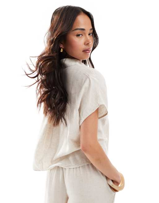 Camisa color crema con lazada delantera de mezcla de lino de Pieces (parte de un conjunto), 4 de 4