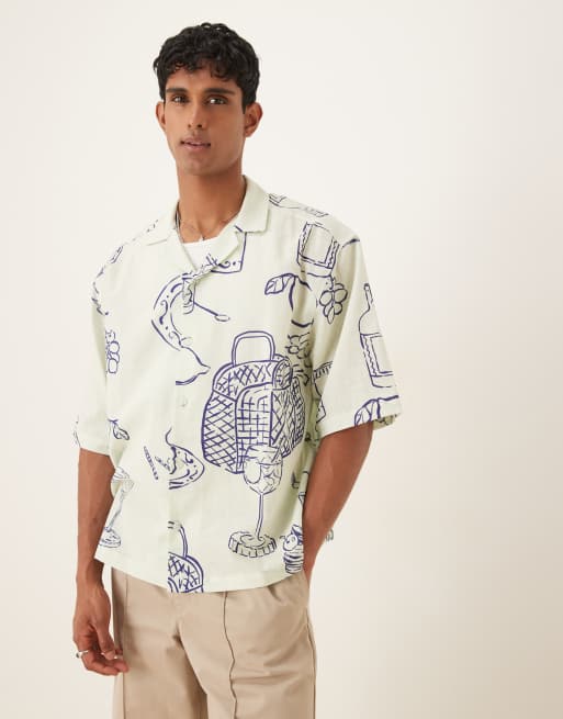 Camisa color crema de corte cuadrado extragrande con estampado de pícnic y cuello de solapas de ASOS DESIGN