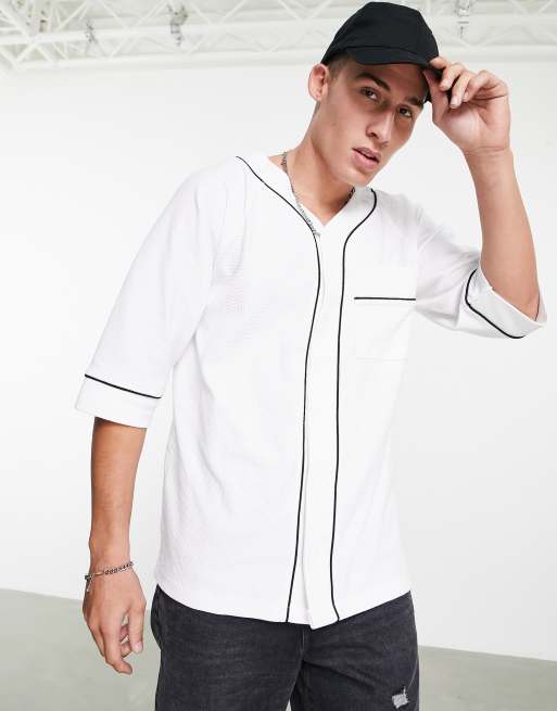 Camisa color crema de estilo béisbol holgada de punto de arroz con ribetes negros en contraste de ASOS DESIGN