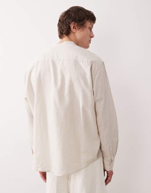 Camisa color crema de manga larga con cuello mao de mezcla de lino de Selected , 3 de 5