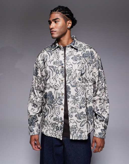 Camisa color crema extragrande de estilo años 90 con estampado floral de franela de ASOS DESIGN