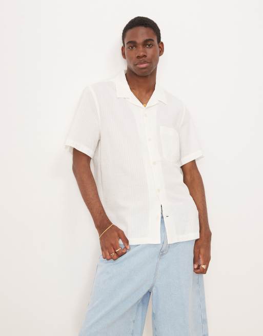 Camisa color crema texturizada de manga corta de algodón de Mango