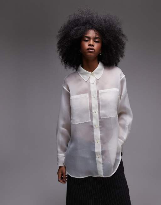 Camisa color crema traslúcida extragrande de organza de ASOS DESIGN
