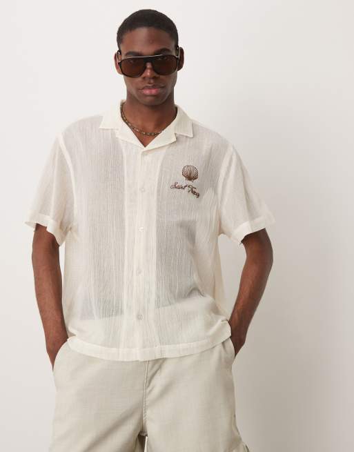 Camisa color crudo de corte cuadrado con bordado en el pecho de tejido texturizado transparente de ASOS DESIGN