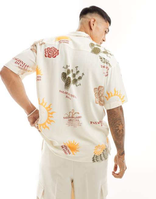 Camisa color crudo extragrande con estampado de desierto y cuello de solapas de Jack & Jones , 4 de 4