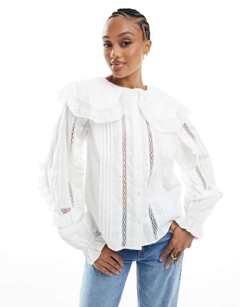 Camisa color marfil con solapas grandes e insertos bordados y de encaje de ASOS DESIGN Tall - view 1