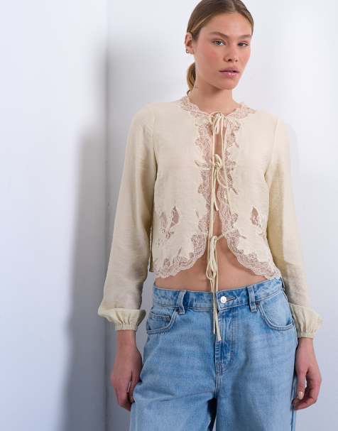 Camisa color ostra con manga larga y encaje atada en la parte delantera de Topshop - view 1