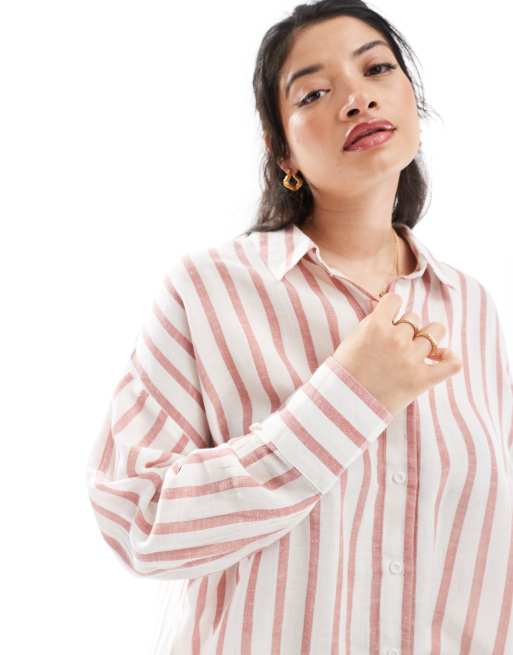 Camisa color óxido a rayas extragrande de mezcla de lino de Yours , 4 de 4