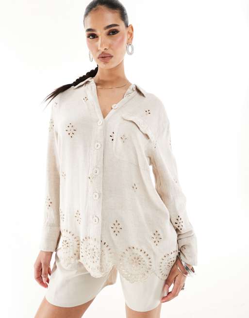 Camisa color piedra claro con diseño bordado de mezcla de lino de River Island