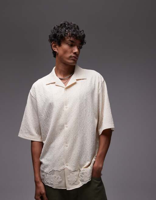 Camisa color piedra claro extragrande abotonada de punto con ribete de encaje de Topman
