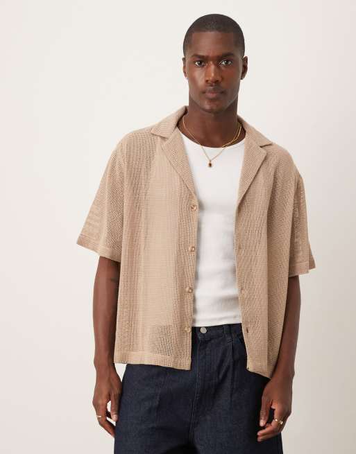 Camisa color piedra de corte cuadrado con cuello de solapas de tejido texturizado de ASOS DESIGN
