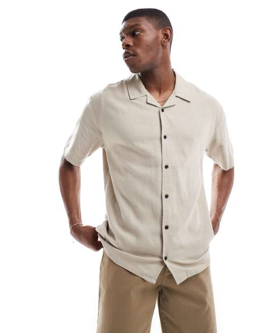 Camisa color piedra de manga corta con cuello de solapas de tejido rico en lino de Threadbare