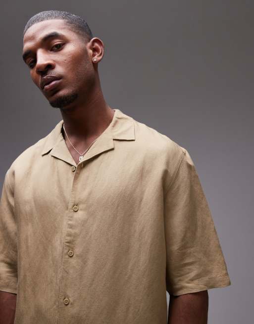 Camisa color piedra de manga corta y corte cuadrado de mezcla de lino de Topman (parte de un conjunto)