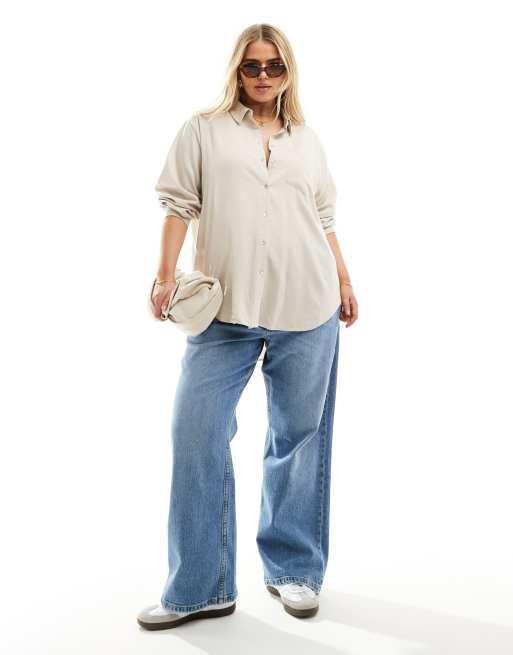 Camisa color piedra de manga larga de mezcla de lino de Vero Moda Curve