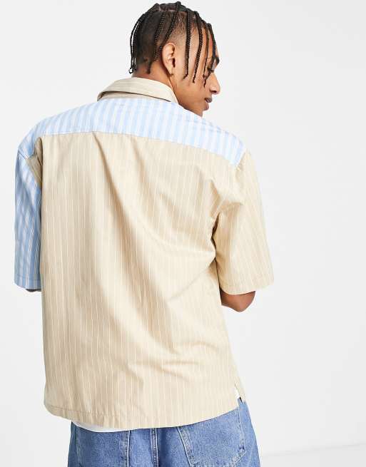 Camisa color piedra y azul extragrande con diseño dividido de rayas de Topman, 4 de 4