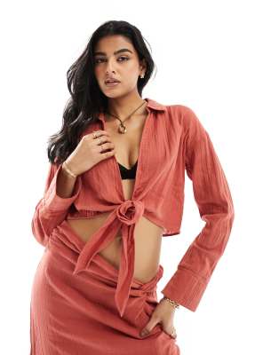 Camisa color terracota con nudo delantero de bambula de ASOS DESIGN (parte de un conjunto) 