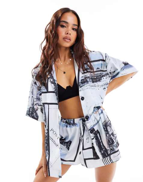 Camisa con cuello de solapas y estampado de periódico de satén de ASOS DESIGN (parte de un conjunto) - view 1