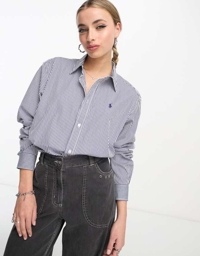 Polo Ralph Lauren Camisa corta azul de corte cuadrado a rayas con logo de popelina