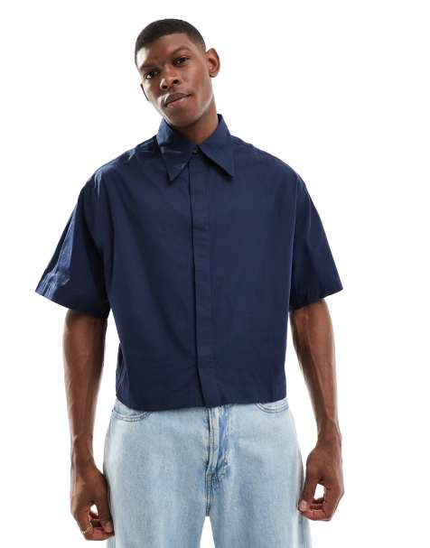 Camisa corta azul marino de corte cuadrado con cuello de estilo años 70 de popelina de ASOS DESIGN - view 1