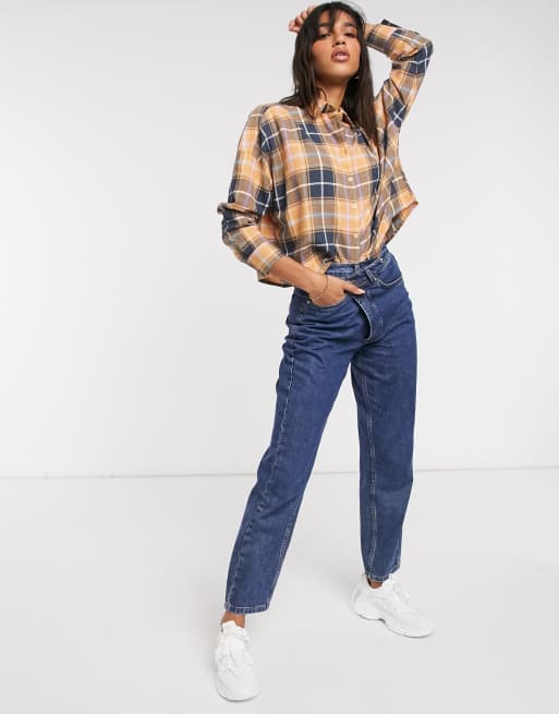 Camisa corta azul marino y rosa a cuadros de manga larga de ASOS DESIGN
