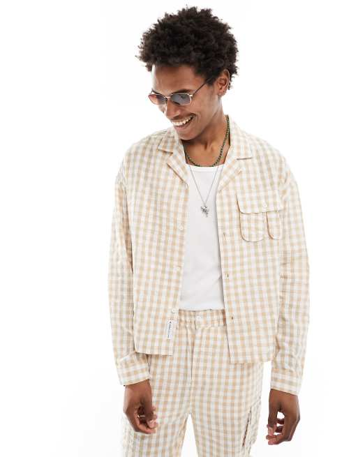 Camisa corta beis claro extragrande a cuadros texturizados de Native Youth