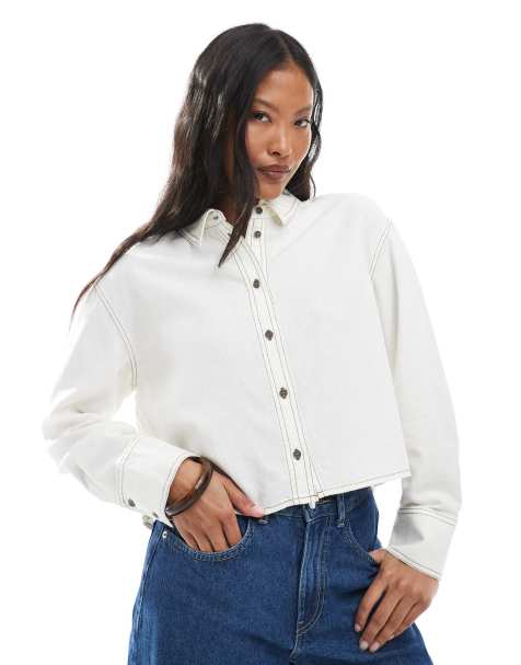 Camisa corta blanca con costuras en contraste de mezcla de lino de ONLY Petite - view 1