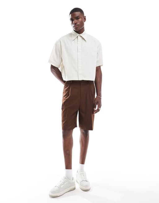 Camisa corta color piedra de corte cuadrado con cuello de estilo años 70 de popelina de ASOS DESIGN 