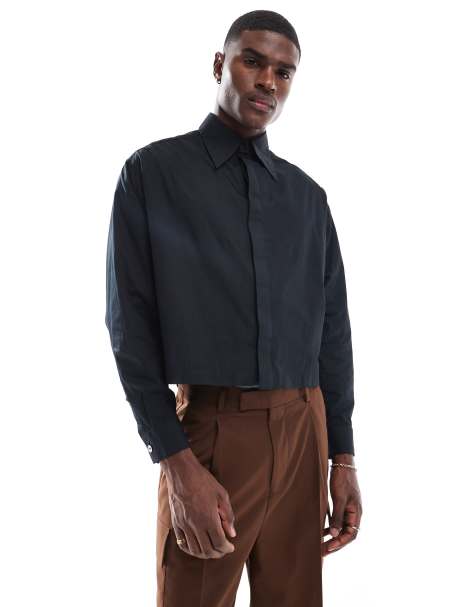 Camisa corta negra con cuello de estilo años 70 de popelina de ASOS DESIGN - view 1