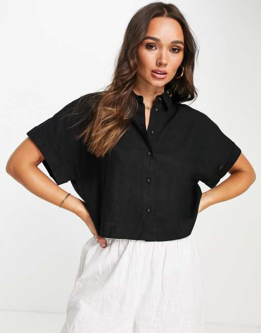 Conjunto negro de camisa corta y pantalones de mezcla de lino de Selected Femme, 2 de 3
