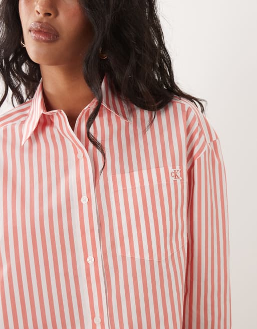 Camisa corta roja a rayas de popelina de algodón de Calvin Klein Jeans, 3 de 4
