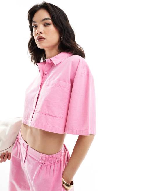 Camisa corta rosa lavado de mezcla de lino de ASOS DESIGN (parte de un conjunto)