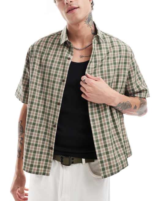Camisa dad verde oliva y piedra a cuadros de corte cuadrado holgado de ASOS DESIGN
