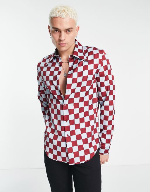 Camisa de corte estándar a cuadros dameros de estilo años 70 de satén de ASOS DESIGN