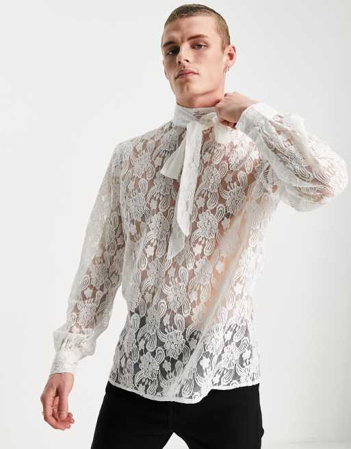 Camisa de corte est ndar blanca de encaje con lazo en el cuello de ASOS DESIGN