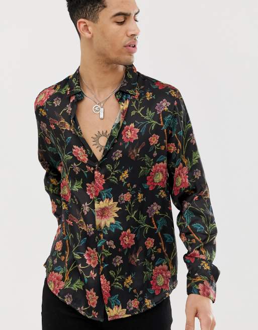 Camisa de corte estándar en satén negro con estampado floral de ASOS DESIGN, 3 de 4