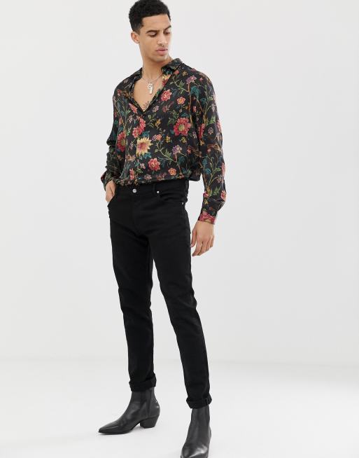 Camisa de corte estándar en satén negro con estampado floral de ASOS DESIGN, 4 de 4