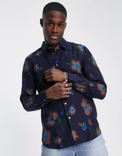 Camisa de corte sartorial azul marino estampada de manga larga de Paul Smith