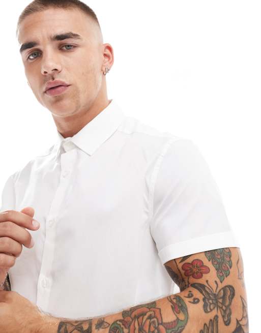 Camisa de corte slim con acabado elástico en blanco de ASOS DESIGN, 4 de 4
