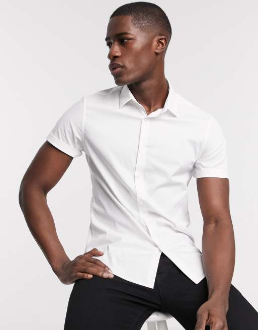 Camisa de corte slim con acabado el stico en blanco de ASOS DESIGN