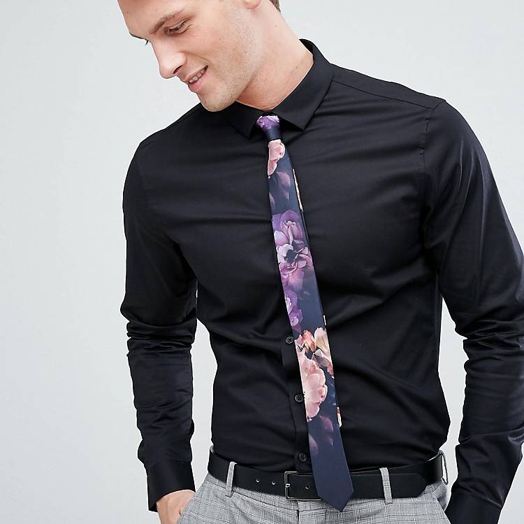 Gastos caos factor Camisa de corte slim negra con corbata con diseño floral de ASOS DESIGN,  AHORRA | ASOS