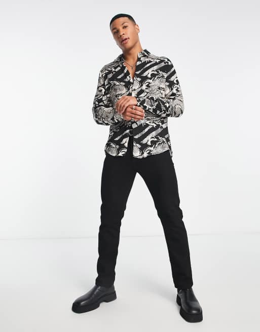 Camisa de fiesta negra con estampado integral asiático de River Island