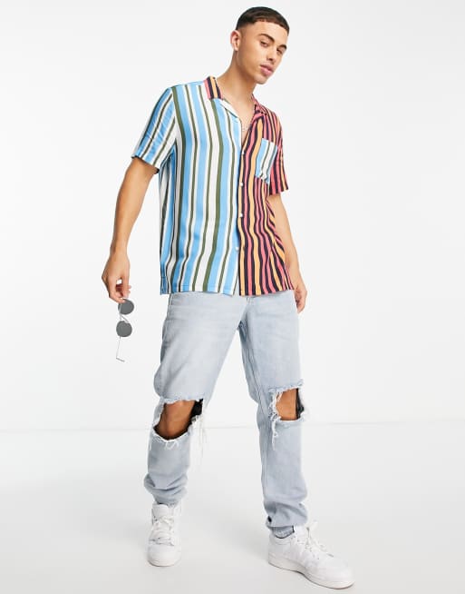Camisa de manga corta con diseño dividido de rayas multicolores de Topman